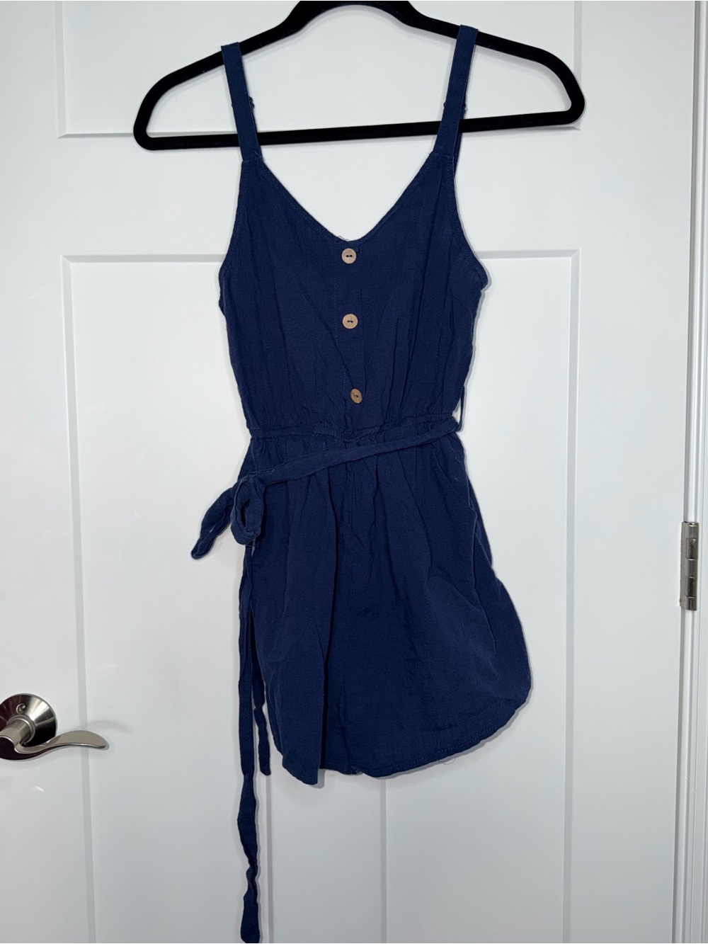 Navy Button Detail Belted Pocketed Romper